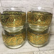 Vintage Culver 22K Toledo Green Scroll Baroque Roly Poly Glasses MCM Set of 4 picture