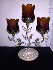 Vintage 80s Hollywood Regency  Triple Amber Glass Votive Candle Holder 11