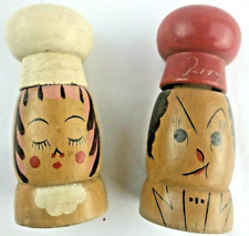 Vintage Wood Salty Peppery Chef Hats Salt and Pepper Shakers Japan picture