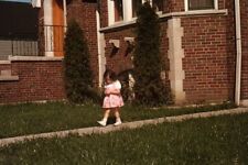 35mm Slide 1940s Kodachrome Red Border Girl Toddler Walking Front Path picture