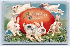 Vintage Easter Embossed Postcard- Bunny Rabbits Hopping Around Big Egg c.1914 picture