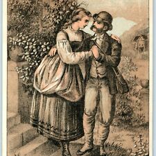 c1880s Lovely Man & Woman Couple Romance Tan Blue Litho Trade Card Dancing C30 picture