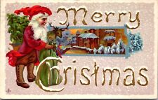 Antique Christmas Postcard Santa Young Pixie Elf Reindeer Village Street 250 picture