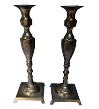 Vtg Solid Brass Candle Sticks pair 11-1/2 in tall Aged Patina square footed base picture