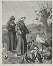 Religion Saint Francis D'Assisi Preaching to Birds, Large 1870s Antique Print picture