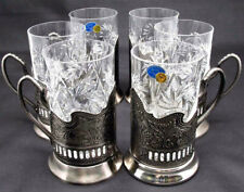 Set of 6 Russian Tea Glass Holders Podstakannik with Soviet Cut Crystal Glasses picture