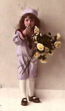 c1914 Girl Striped Outfit Flowers Studio Photo Hand Color Tint VINTAGE Postcard picture