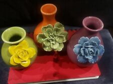 Pre-owned Colorful Trio Of Ceramic Small Bud Vases Applied Flowers picture