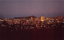 Honolulu Waikiki HI Hawaii Night Life Downtown Aerial Twilight Vtg Postcard B21 picture