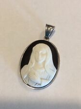 Vintage Black Faux Jasperware Madonna Virgin Mother Mary Cameo Oval Pendant picture