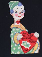 Vintage Valentine Day Card Mechanical Moveable Clown 1930s-50