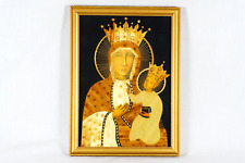 Polish Catholic Religious Icon Mary & Jesus Inlaid Straw Wood Framed Art 10x14 picture
