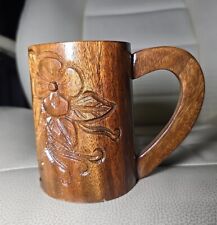 Vintage Hawaiian Hand Carved Mug Wood Cup Flowers ALOHA MCM picture