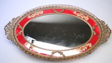 Ornate Vintage Gilt Filigree Lg Tray Vanity Mirror w Fancy Red Applique Insert picture