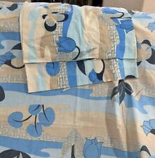 Vintage 80's Blue Cream Geometric Full Flat Fitted Sheet Set 2 Pillow Cases picture