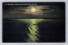 Erie PA-Pennsylvania, Moonlight on Erie Bay, Antique Vintage c1944 Postcard picture