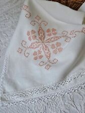 Vintage Cross Stitch Embroidered Linen Tablecloth Pink 34-in Square picture