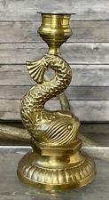 Vintage Thick Solid Brass Koi Fish Taper Candle Holder India picture
