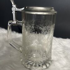 ALWE Vintage West Germany Glass Stein Mug w/Pewter lid Etched Elk/Forest Design picture