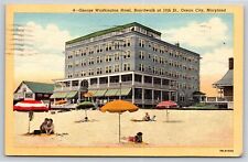 Ocean City Maryland~George Washington Hotel From Beach~Vintage Linen Postcard picture