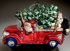 Adorable Blown Glass Santa Driving Antique Red Truck W/Tree & Gifts Ornament  picture