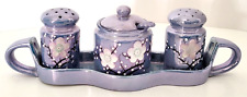 Vintage Lusterware Blue Floral Salt Pepper Shaker & Mustard Jar Condiment Set picture
