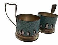 Vintage 2 Soviet  Russian Podstakannik Tea Glass Holders Enamel Penguins picture