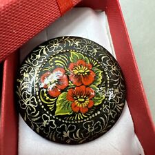 VTG Antique RUSSIAN BLACK LACQUER Floral Gold ROUND Hand Painted Poppies Brooch picture
