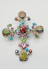 Vintage Silver Tone Religious Cross Pin Brooch Pendant Multicolored Crystal † picture
