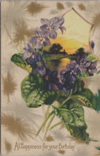 Vtg Postcard Best Birthday Purple Flowers Embossed Pond House Scene1910's picture