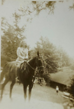 Pretty Woman Riding Horse On Hill Above House B&W Photograph 3.25 x 4.5 picture