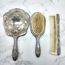 Set of 3 Vintage Vanity Dresser Set Mirror Brush Comb Silver Plate Etched picture
