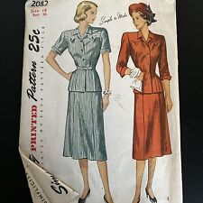 Vintage 1940s Simplicity 2082 Two Piece Dress Skirt + Top Sewing Pattern 18 CUT picture