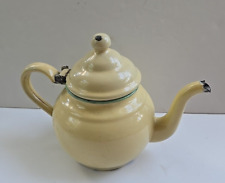 Vintage Yellow Green Enamelware Tea Pot Teapot Kettle Hinged Lid picture