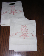 #CC Vintage embroidered Mr & Mrs Linen hand towels w/ pink`flower bouquet NWT picture