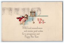 1917 Happy New Year Little Boy Ringing Clock Sidney New York NY Antique Postcard picture