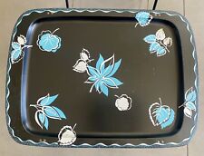 VTG Mid Century Cal Dak TV Trays Set of 3 Turquoise & Pink Leaves on Black picture