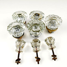 Antique 8-Pc Lot of Crystal Clear Glass Brass Cabinet Pull and Door Knobs picture