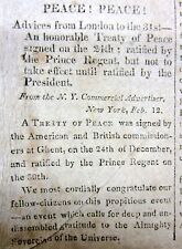 1815 headline display newspaper announcing a PEACE TREATY ENDING the WAR of 1812 picture