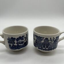 Vintage Churchill Cobalt Blue Willow Tea Coffee Cup Made In England Set Of 2 picture
