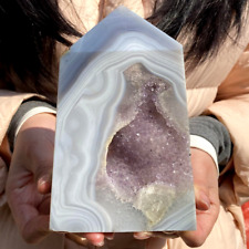 650g Natural Blue Agate With Amethyst Geode Banding Tower Crystal Healing Reiki picture