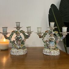 Antique German Dresden Porcelain Pair Man & Woman Candlestick Holder Rare-CRACKS picture