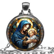 Faux Stained Glass Mary & Baby Jesus Religious Jewelry Gift Necklace 24