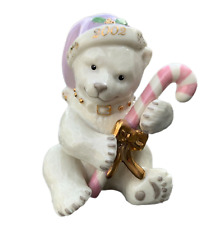VTG Lenox 2002 Porcelain Bear Figurine Off White Ornament Pink Candy Cane Gift picture