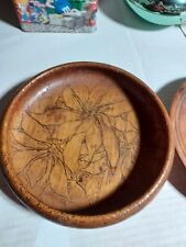 Antique 1906 Flemish Pyrography Folk Art Carved Wood Bowl Flowers picture