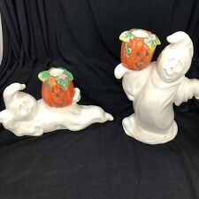 VTG Ceramic Halloween Spooky Cute Ghost Set W/Pumpkin Candle Holders picture