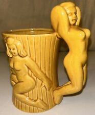 Vintage PinUp Girl Mug Japan Tiki Bar Nude Hula 3 Sided Ceramic Cup Yellow EUC picture
