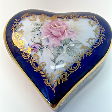 Rehausse Main Limoges Trinket Box Heart Shape Cobalt Blue Roses Mothers Day picture