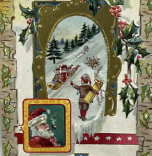 Early 1900’s Santa Claus Smoking Tobacco Pipe Kids Sledding Christmas Postcard picture