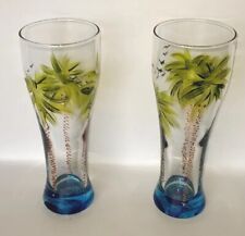 2 Vtg Pilsner Glass Palm Tree Bird Enameled Cocktail Glasses Signed Olson picture